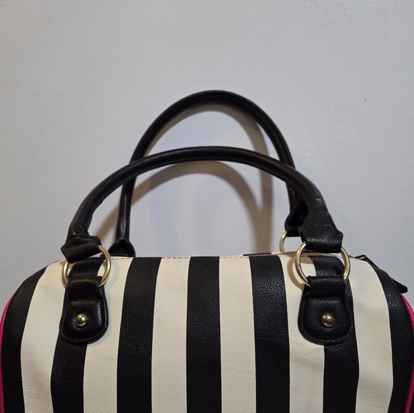 Betsey Johnson Black and White Striped Satchel w/Pink Accents - Picture 8 of 14